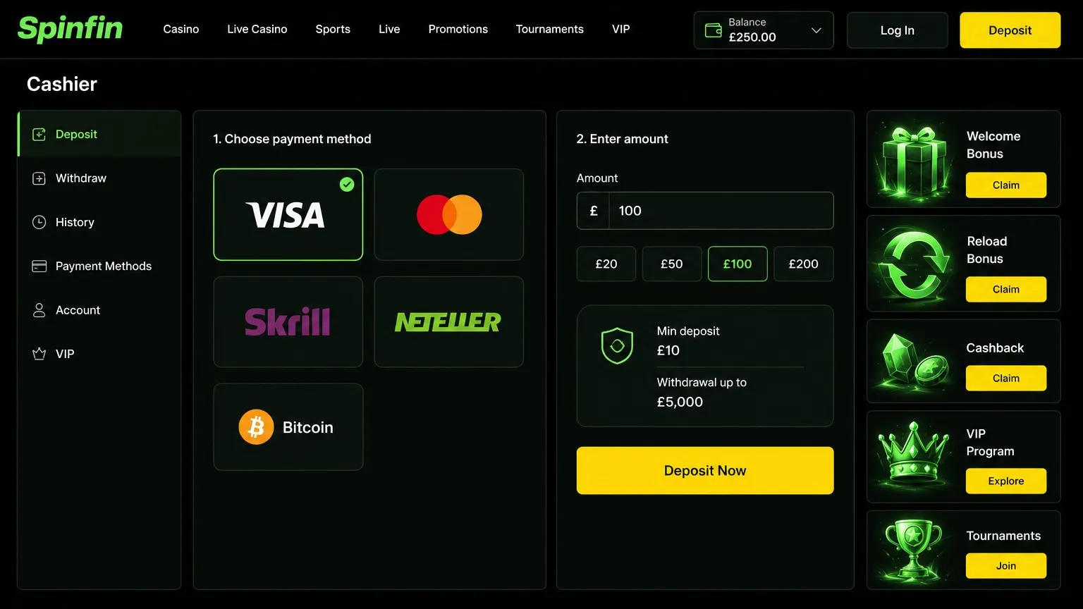 Payment methods at Casino Spinfin